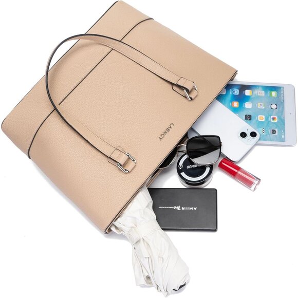 Taupe Women's Large Capacity Faux Leather Tote Bag with Zipper Closure & Matchin - Picture 8 of 9